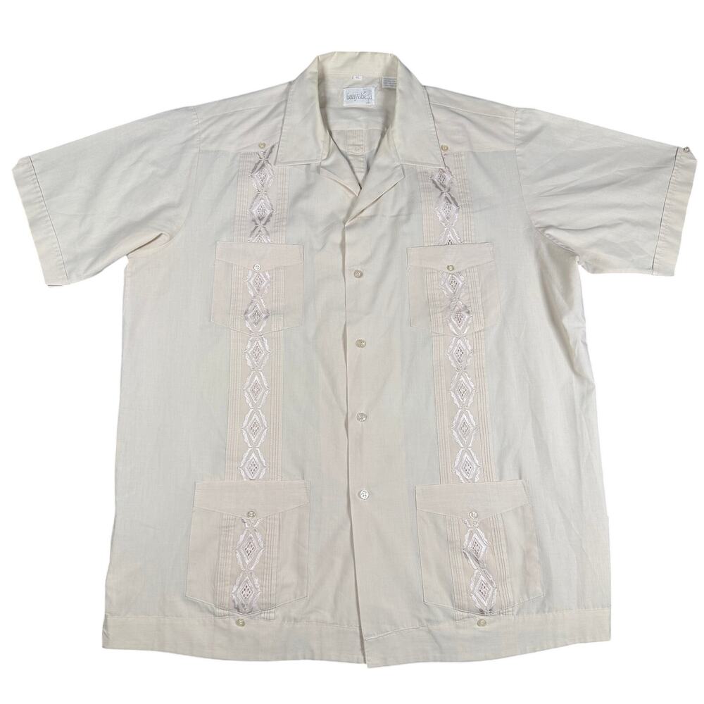 Guayabera Men's White Short Sleeve Button Up Shirt XL Pockets Traditional Beach